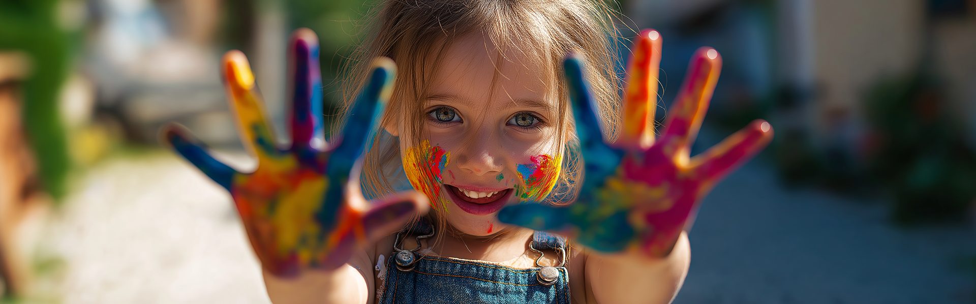 Lachendes Kind mit bunt bemalten Händen &ndash; Freude an Farbe bei Malermeister Dell