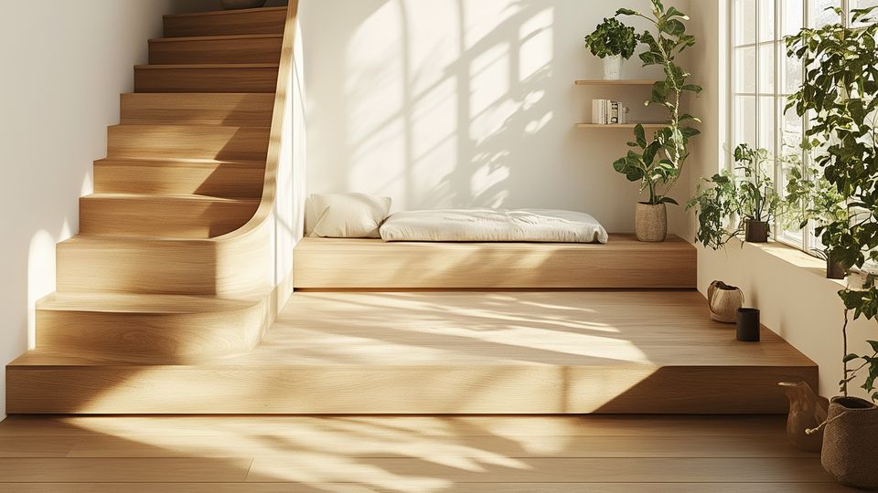 Verlegter Holzboden mit Treppe und Podest in einem hellen Wohnraum