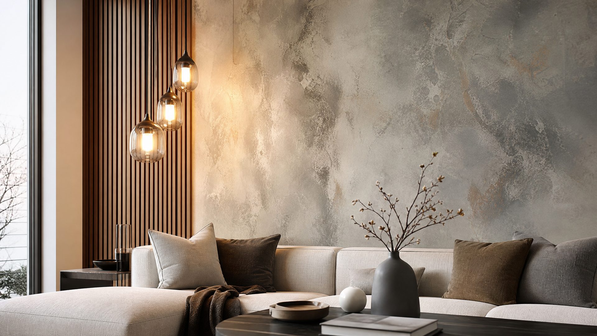 Modernes Wohnzimmer mit kreativ gestalteter Wandfl&auml;che in Wisch- und Lasurtechnik