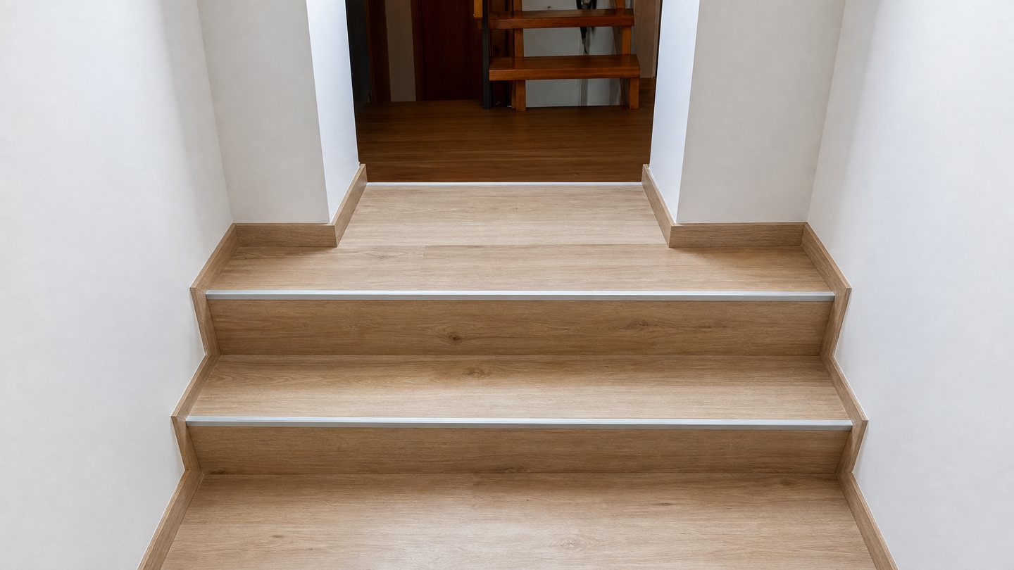 Treppenstufen nach der Renovierung mit hellem Holzdekor und Kantenprofilen